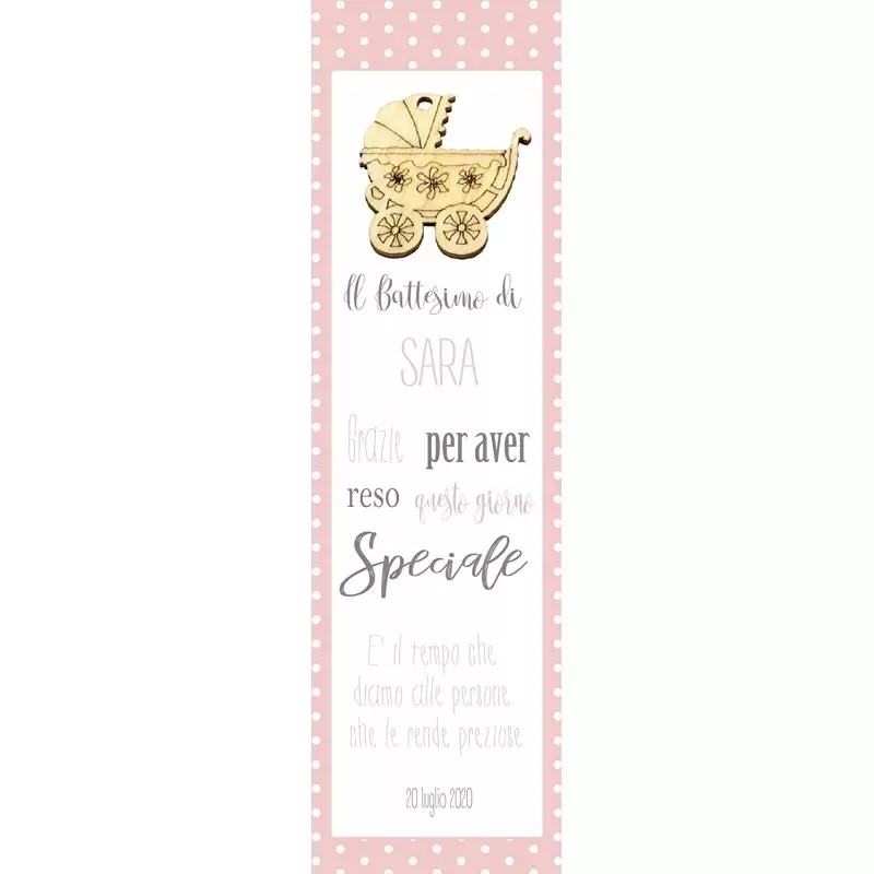 50 SEGNAPOSTO BATTESIMO ROSA PERSONALIZZABILI CON CARROZZINE DI LEGNO