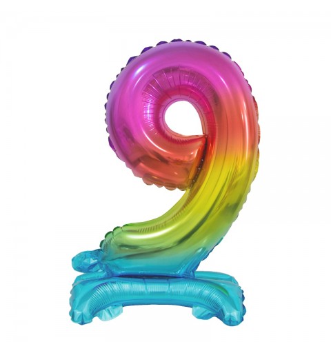 Palloncino Foil Numerale Arcobaleno con Stand/ Supporto n 9- 38 cm BCATT9  Beauty & Charm