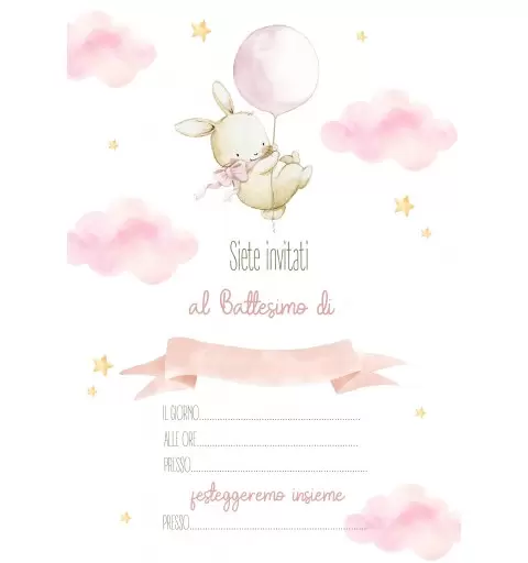 30 INVITI DI CARTA BATTESIMO CONIGLIETTA ROSA