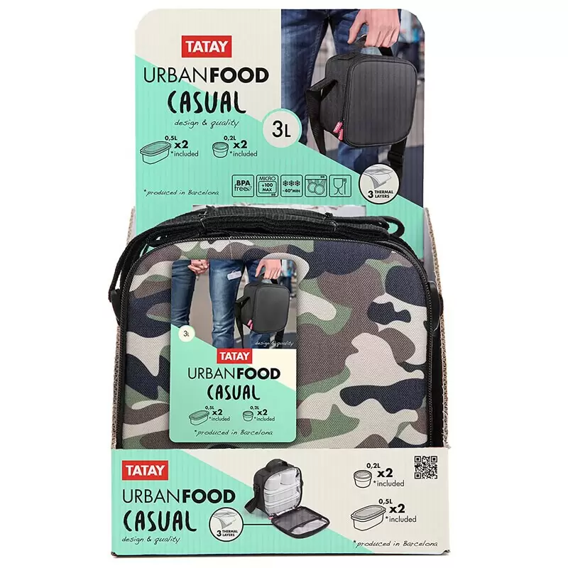 SET PRANZO URBAN FOOD MIMETICA 1 BORSA ERMETICA + 2 CONTENITORE PER ALIMENTI OVALE DA 0,5 L + 2 CONTENITORI PER ALIMENTI CON TAP