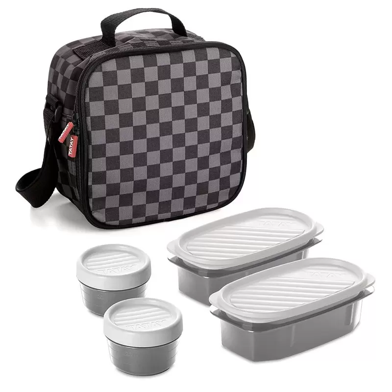 SET PRANZO URBAN FOOD SCACCHI NERO/GRIGIO 1 BORSA ERMETICA + 2 CONTENITORE PER ALIMENTI OVALE DA 0,5 L + 2 CONTENITORI PER ALIME