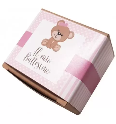 SCATOLINE KRAFT BATTESIMO ORSETTA ROSA CON ETICHETTE ADESIVE - 20 PZ
