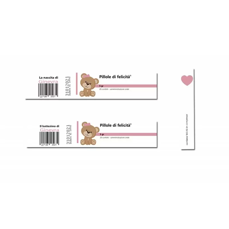 PILLOLE DI FELICITÀ 24 FASCETTE E 24 SIGILLI ORSETTA ROSA PERSONALIZZATI
