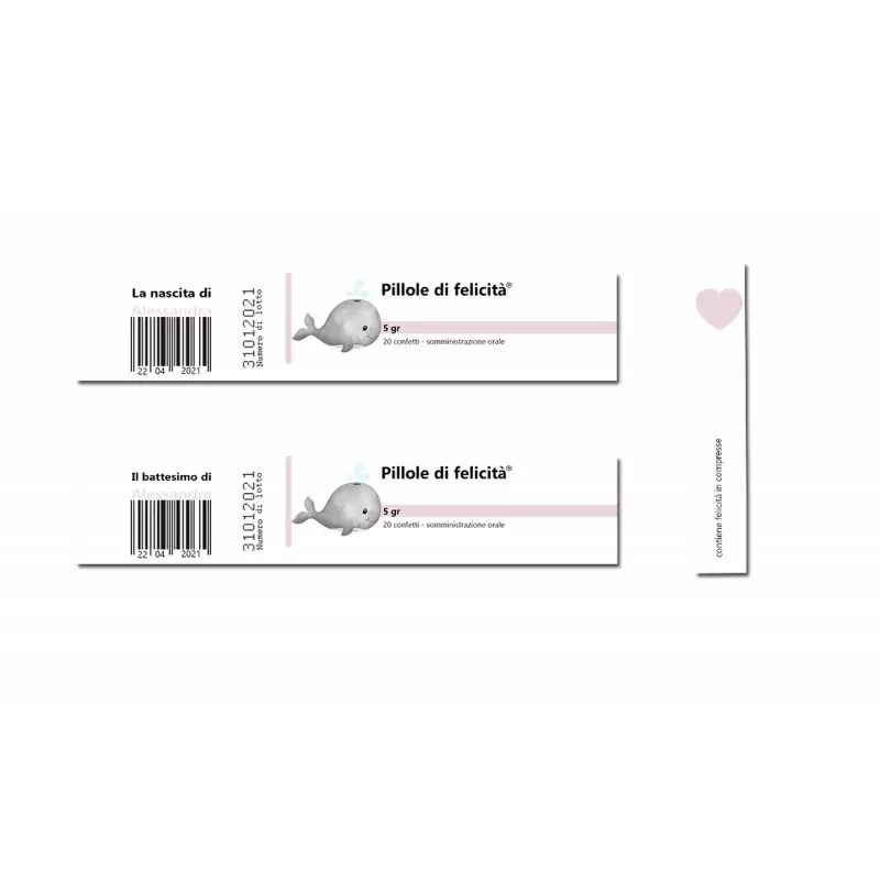 PILLOLE DI FELICITÀ 24 FASCETTE E 24 SIGILLI BALENA ROSA PERSONALIZZATI