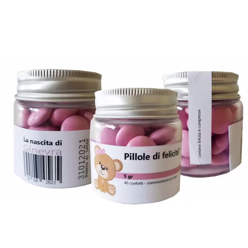 24 BOMBONIERE PILLOLE DI FELICITÀ NASCITA ORSETTA ROSA PERSONALIZZATI