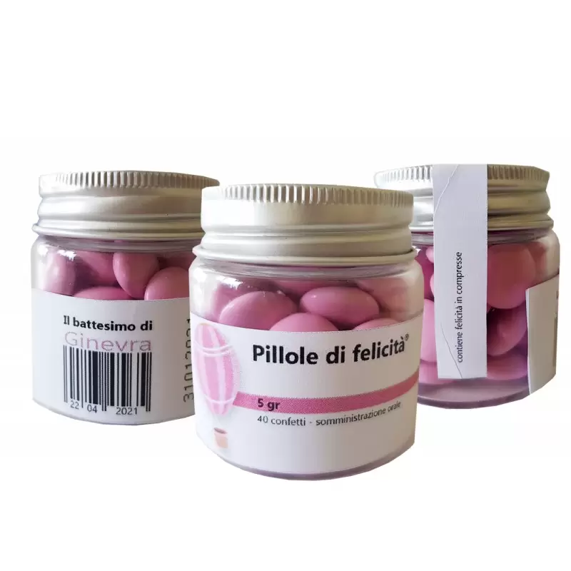 24 BOMBONIERE PILLOLE DI FELICITÀ BATTESIMO MONGOLFIERA ROSA