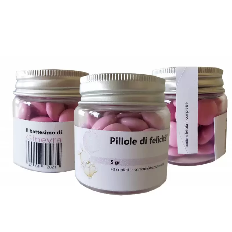 24 BOMBONIERE PILLOLE DI FELICITÀ BATTESIMO CONIGLIETTA ROSA