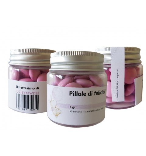 24 BOMBONIERE PILLOLE DI FELICITÀ BATTESIMO CONIGLIETTA ROSA