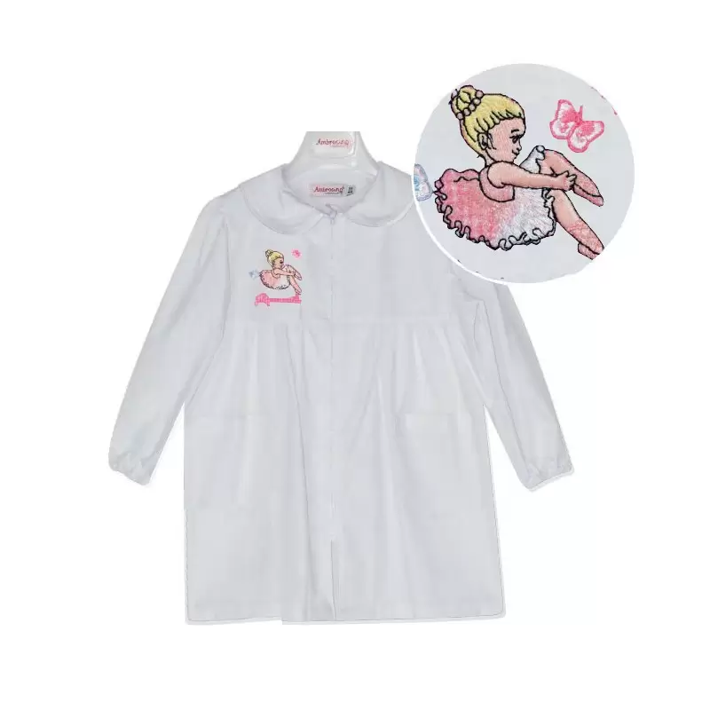Grembiule asilo Bambina Bianco con ricamo  Ballerina Romantic  L301 - TG 3 anni/50