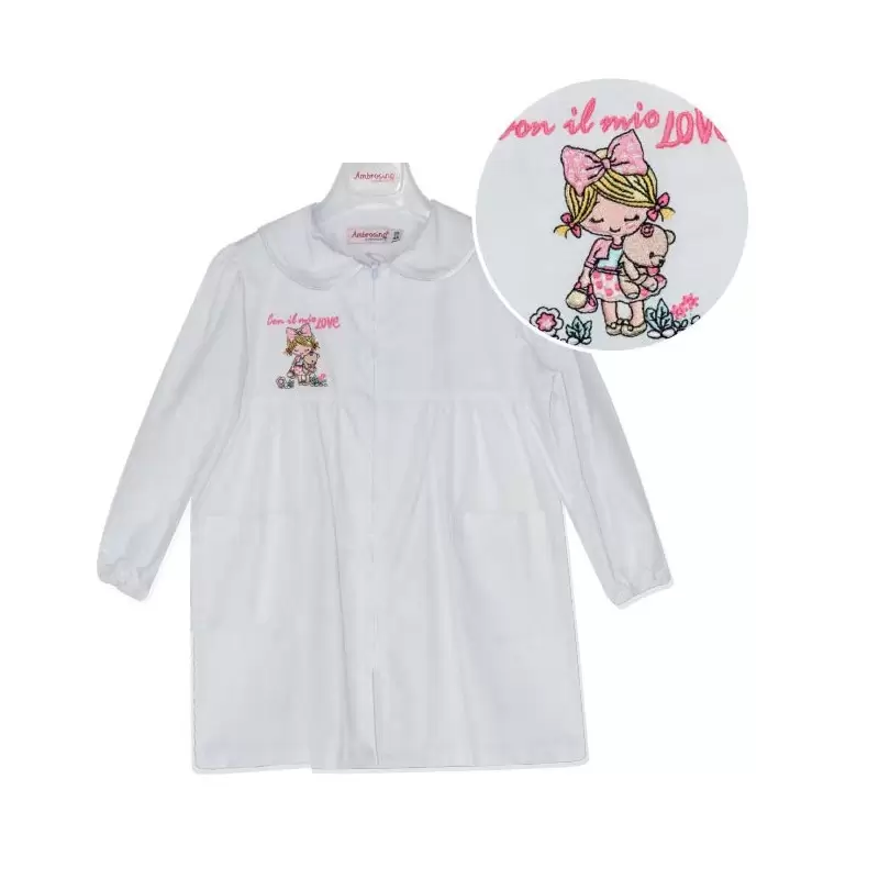 Grembiule asilo Bambina Bianco con ricamo  con il mio LOVE L307 - TG 4 anni/55
