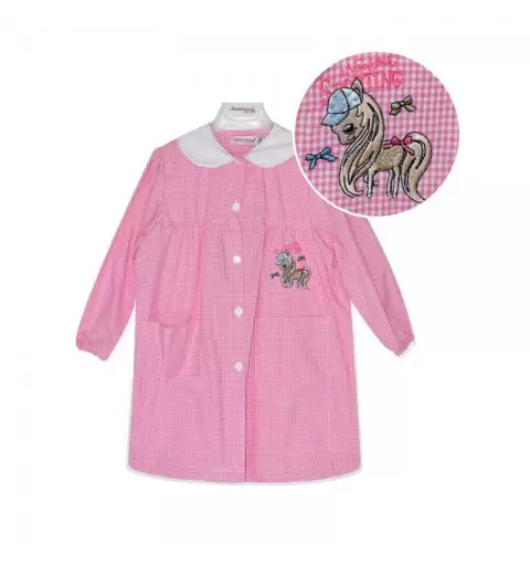 Grembiule asilo Bambina Rosa quadretti con ricamo  Sporting Horse - Cavallo  L305 -  TG 3 anni/50
