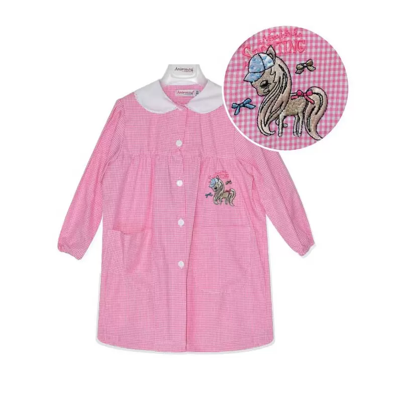 Grembiule asilo Bambina Rosa quadretti con ricamo  Sporting Horse - Cavallo  L305 -  TG 4 anni/55
