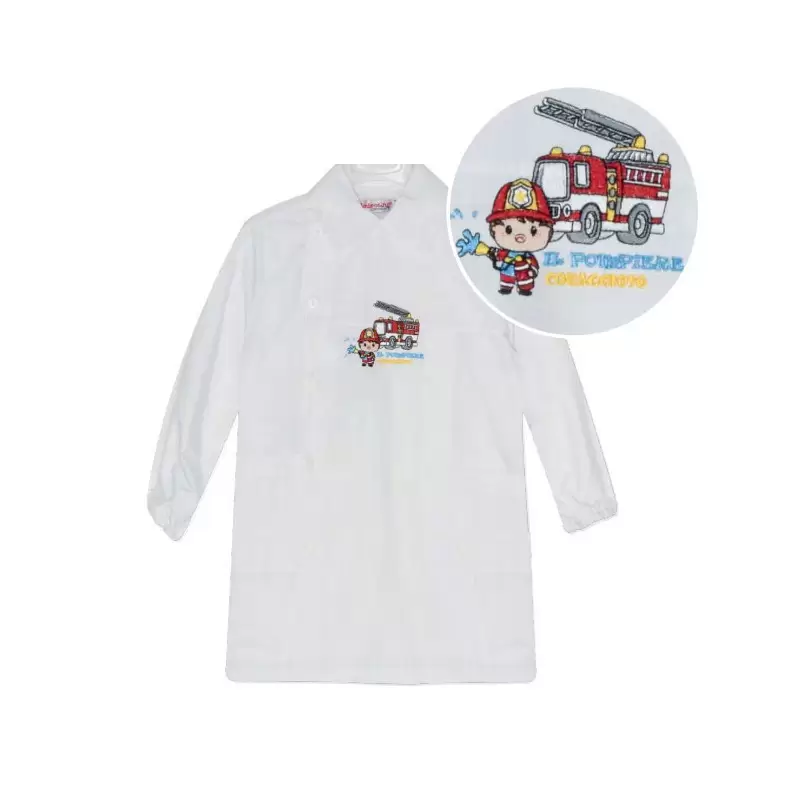 Grembiule asilo Bambino Bianco con ricamo  Pompiere L505 - TG 4 anni/55