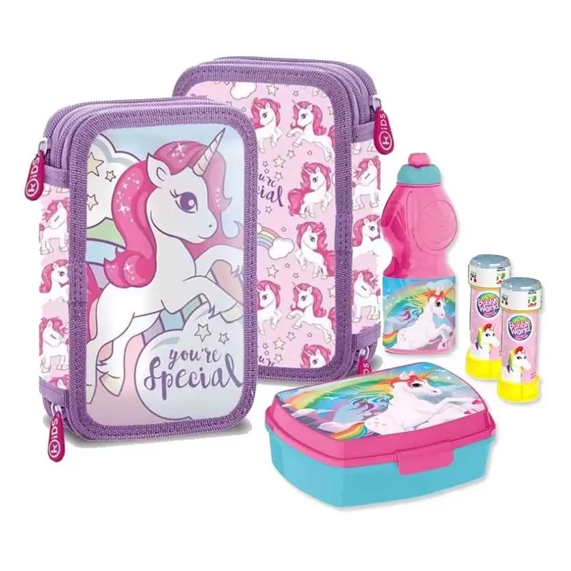 SET SCUOLA UNICORNO CON ASTUCCIO BORRACCIA PORTA MERENDA E BOLLE