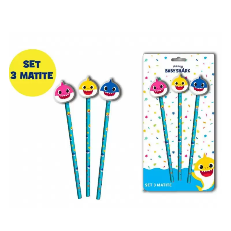 3 MATITE BABY SHARK CON GOMMA SAGOMATA
