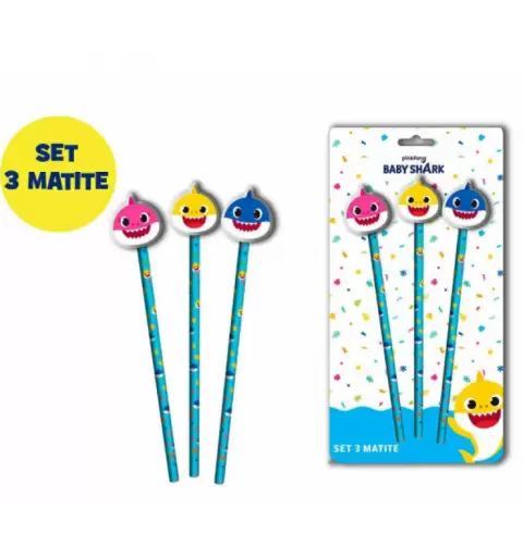 3 MATITE BABY SHARK CON GOMMA SAGOMATA