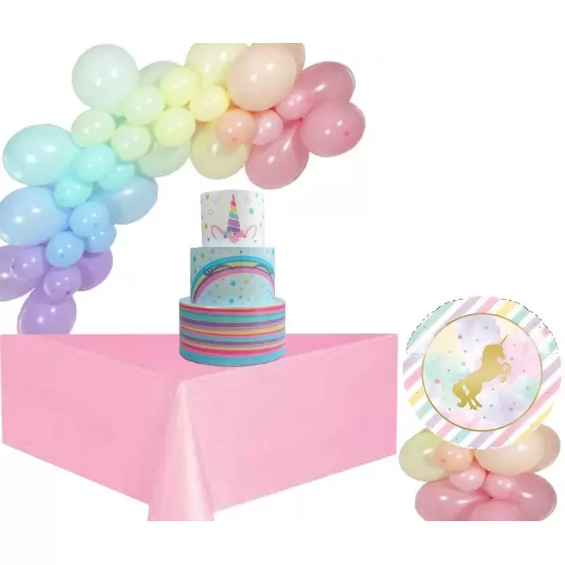 ALLESTIMENTO UNICORNO CON TORTA FINTA E ARCO DI PALLONCINI