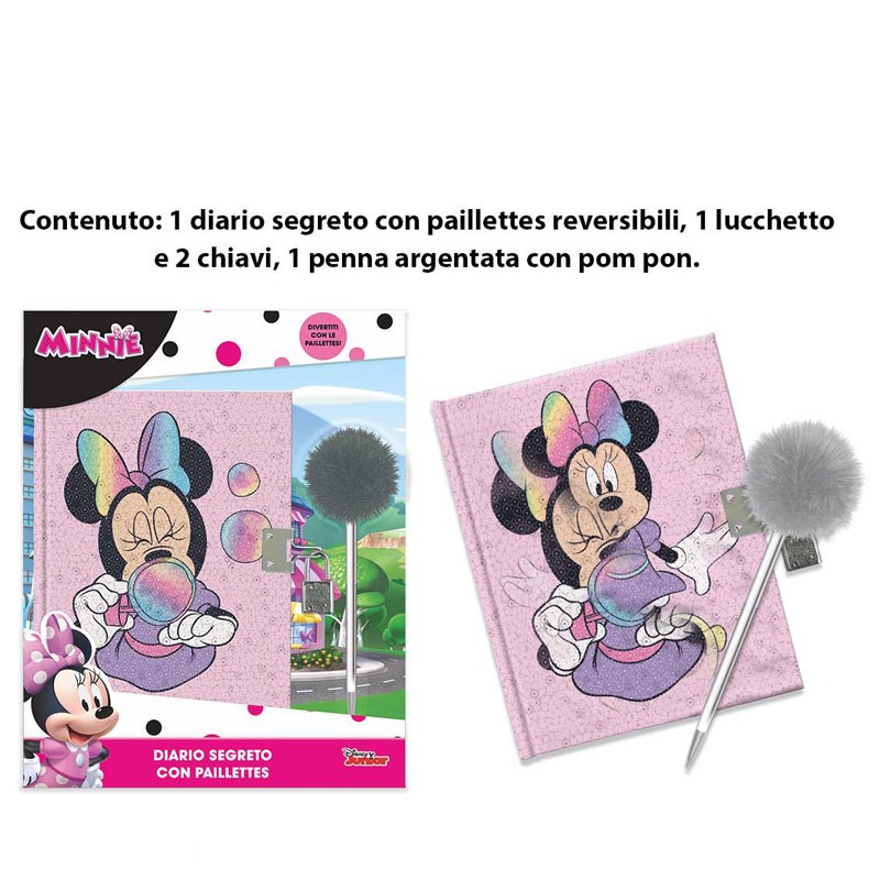 Diario Segreto con Paillettes Reversibili e Penna con Pompon Minnie  - MIN0587