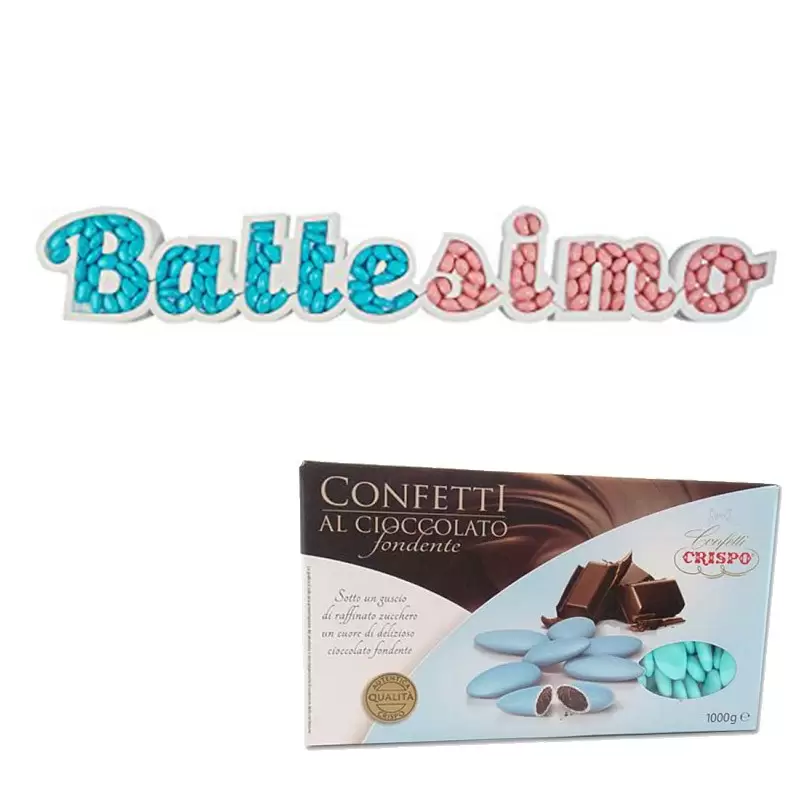 SCRITTA BATTESIMO PORTACONFETTI CON CRISPO CELESTI FONDENTI