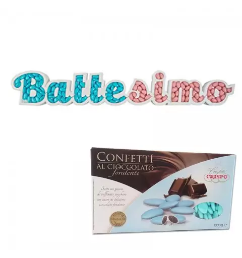 SCRITTA BATTESIMO PORTACONFETTI CON CRISPO CELESTI FONDENTI