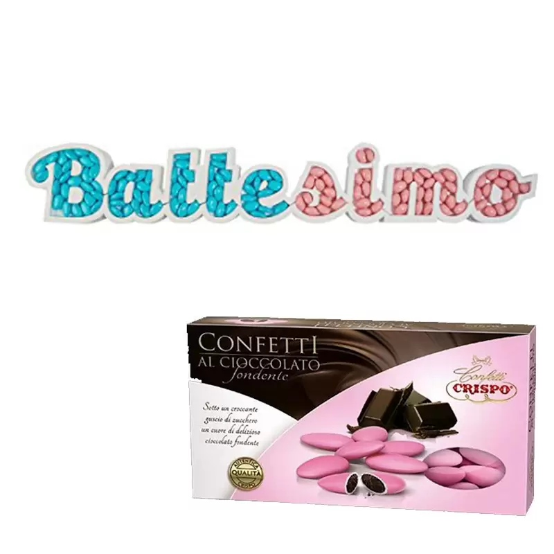 SCRITTA BATTESIMO PORTACONFETTI CON CRISPO ROSA FONDENTI