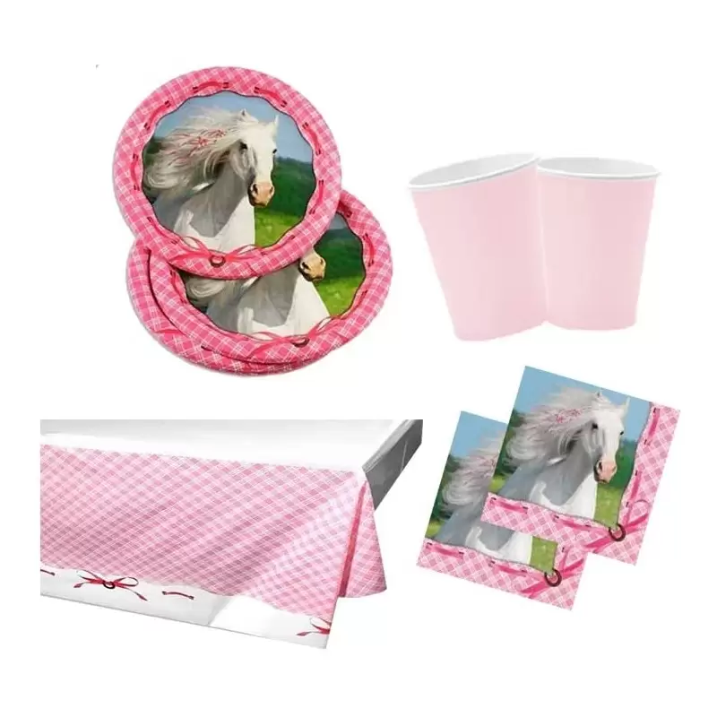 KIT N3 COORDINATO TAVOLA " HEART MY HORSE " CAVALLI ROSA SET TAVOLA FESTA PARTY