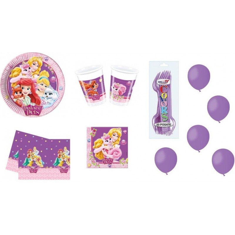 KIT 6 - 205 PZ. KIT COMPLEANNO PALACE PETS PRINCIPESSE DISNEY+ FORCHETTE E PALLONCINI LILLA