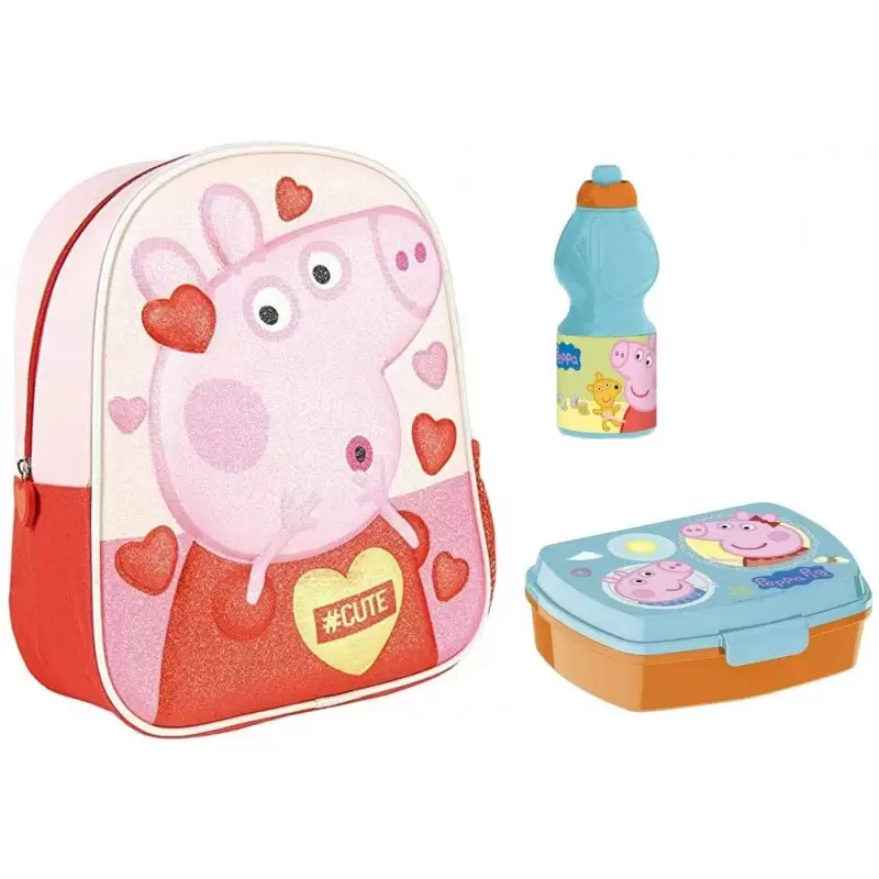 SET ASILO PEPPA PIG 3D - ZAINETTO BORRACCIA E PORTA MERENDA