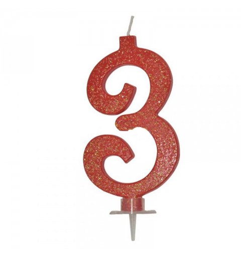 CANDELINA GLITTERATA N° 3 ROSSA 12 CM - C599