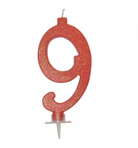 CANDELINA GLITTERATA N° 9 ROSSA 12 CM - C516