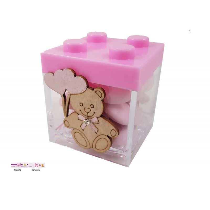 Bomboniere orsetto di legno con scatoline Lego rosa