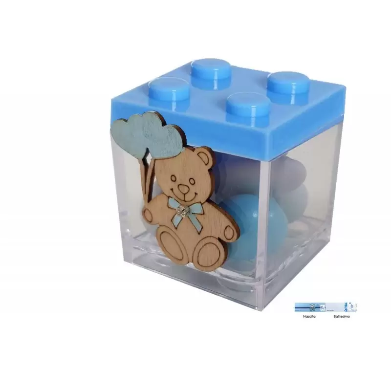 24 BOMBONIERE ORSETTO CUORE CELESTE CON SCATOLINE LEGO