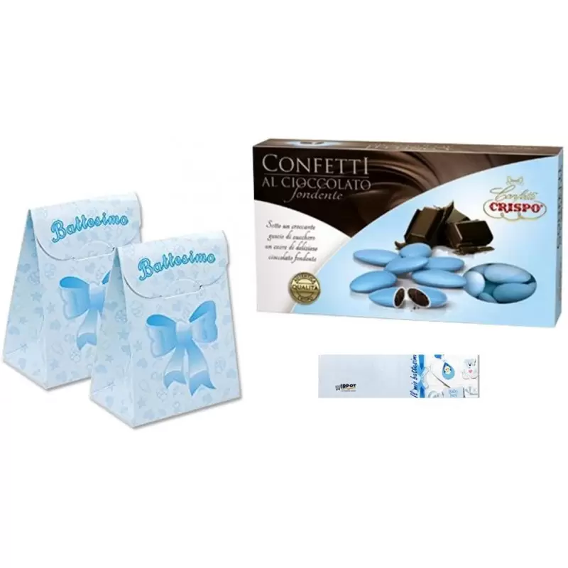 25 SCATOLINE SACCHETTO BATTESIMO FIOCCO CELESTE CON CONFETTI CRISPO FONDENTI