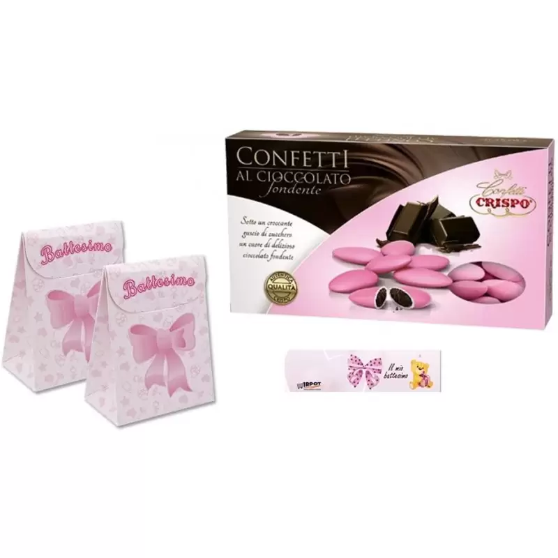 25 SCATOLINE SACCHETTO BATTESIMO FIOCCO ROSA CON CONFETTI CRISPO FONDENTI