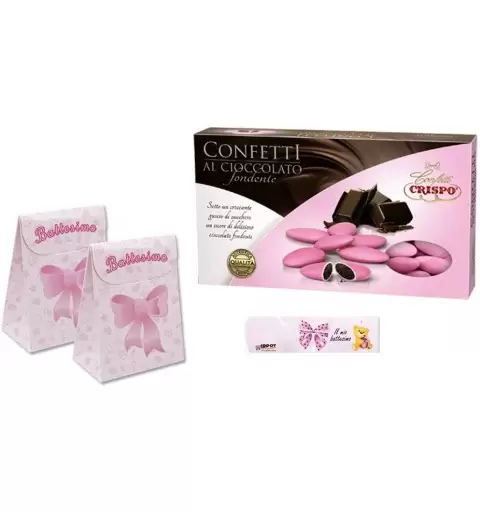25 SCATOLINE SACCHETTO BATTESIMO FIOCCO ROSA CON CONFETTI CRISPO FONDENTI