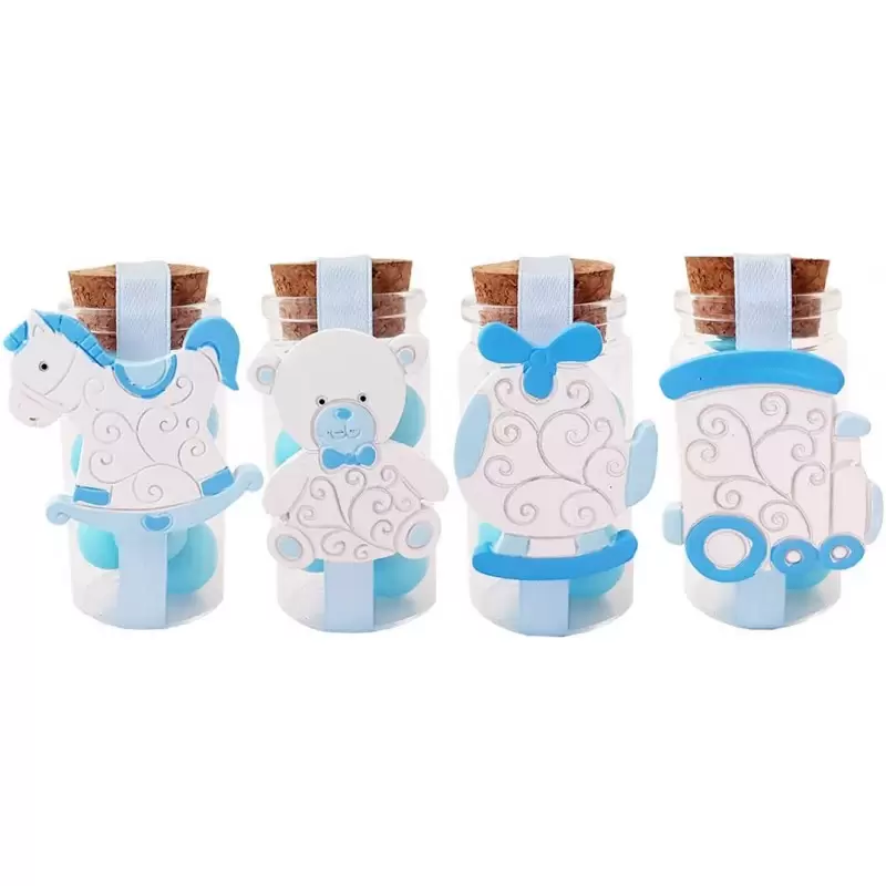 12 BOMBONIERE CON CALAMITE BABY CELESTI E PROVETTE BASSE
