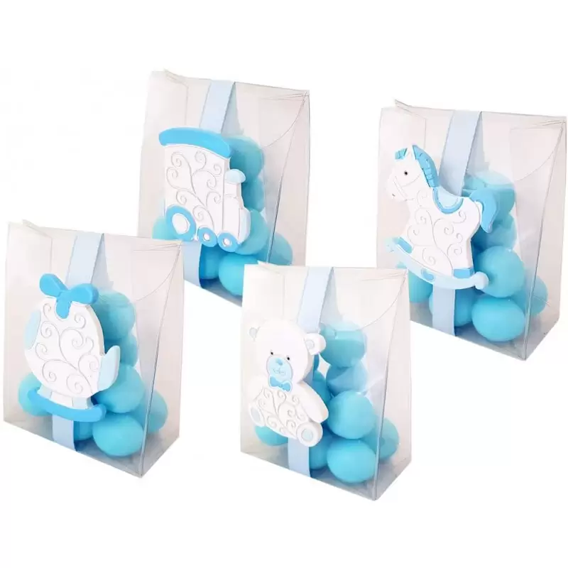 12 BOMBONIERE CON CALAMITE BABY CELESTI E BUSTINE PVC