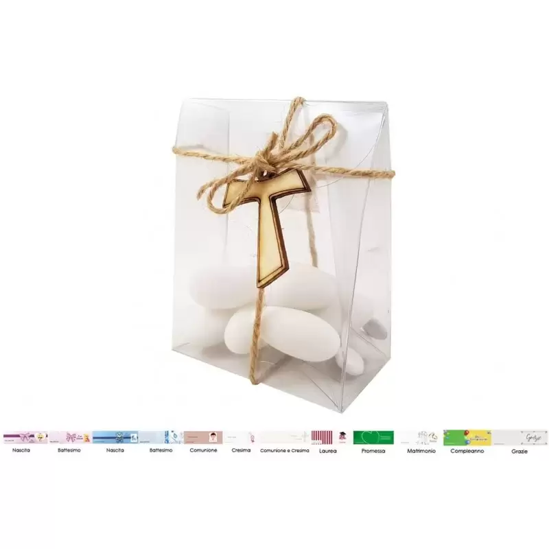 20 BOMBONIERE SACRE CON TAO DI LEGNO E SCATOLINE PVC