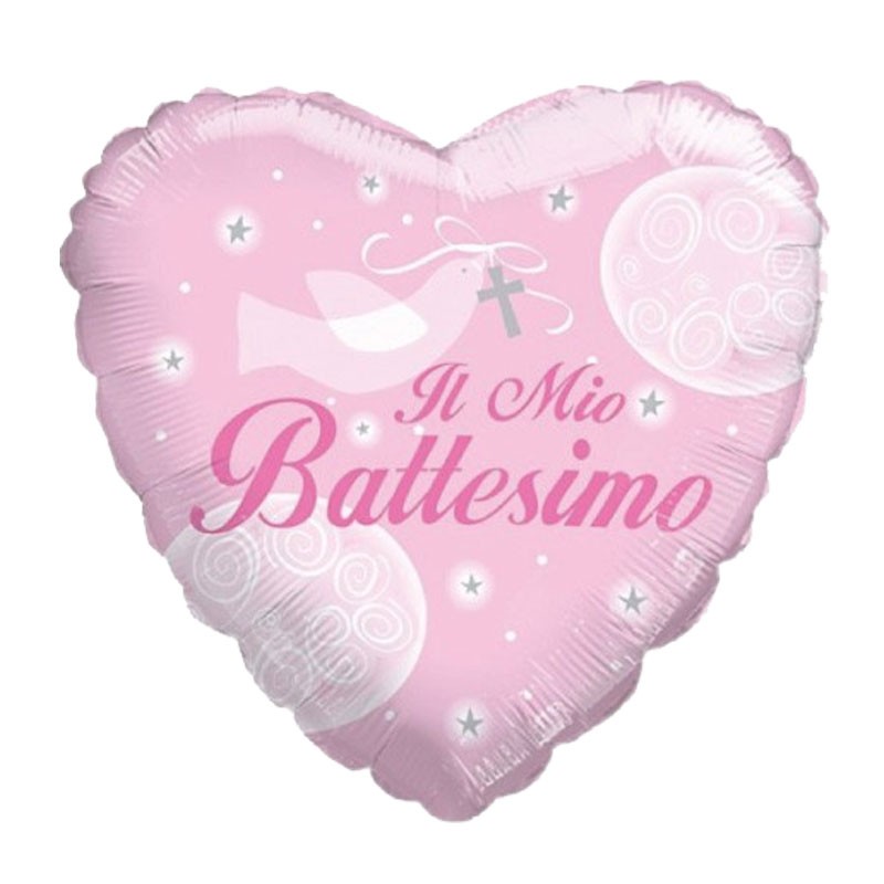 PALLONCINO FOIL BATTESIMO CUORE DOUBLE FACE ROSA 46 CM - 20153-18/01