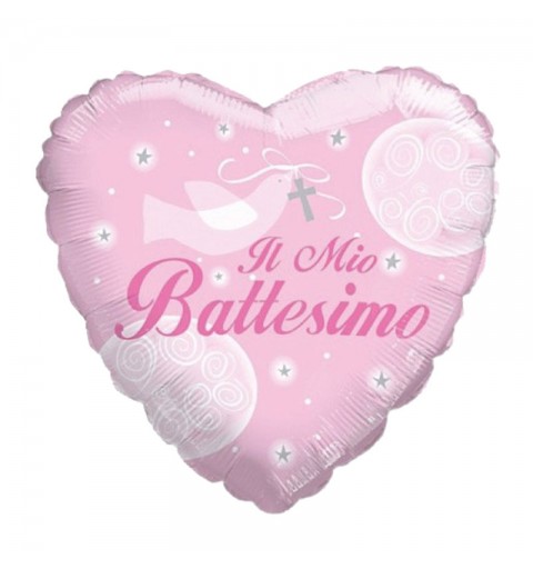 PALLONCINO FOIL BATTESIMO CUORE DOUBLE FACE ROSA 46 CM - 20153-18/01