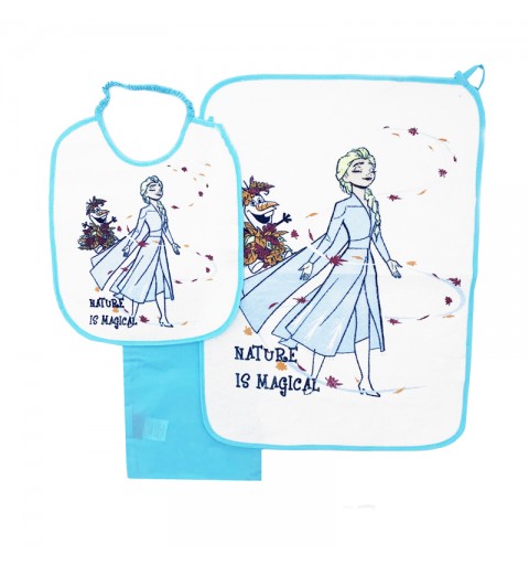 Set Bavetta + Tovaglietta + Sacchetto Frozen per asilo Celeste WX2013