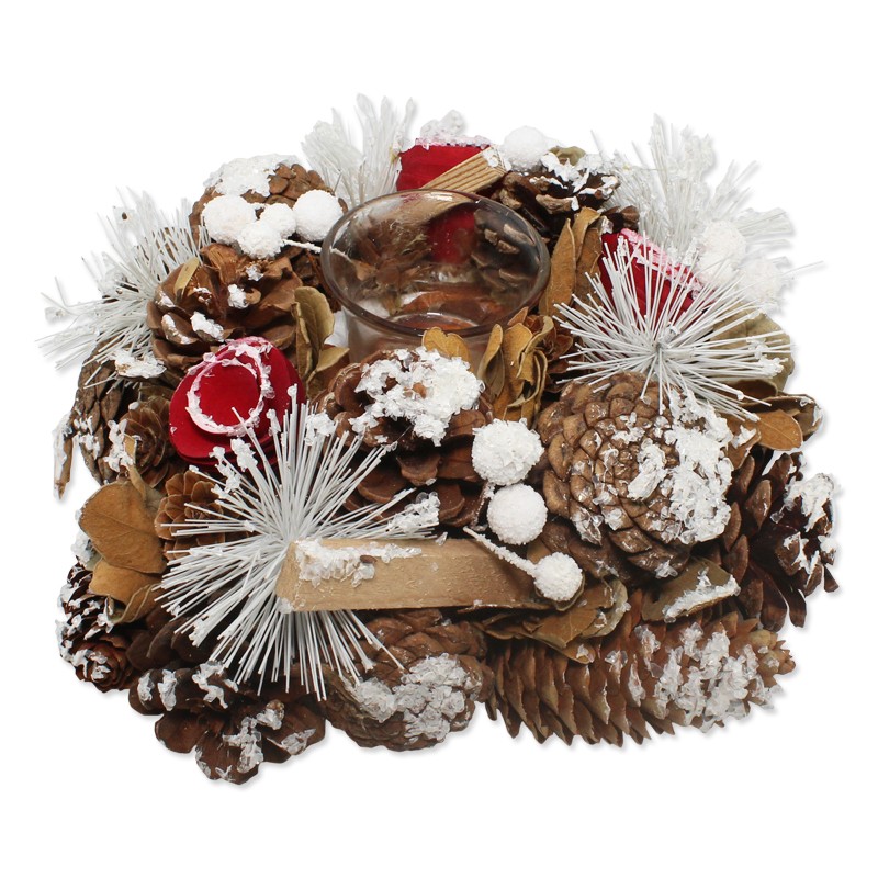 Centrotavola natalizio con decorazioni pigne e legnetti naturali 22x22x8 cm 4414