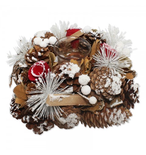 Centrotavola natalizio con decorazioni pigne e legnetti naturali 22x22x8 cm 4414