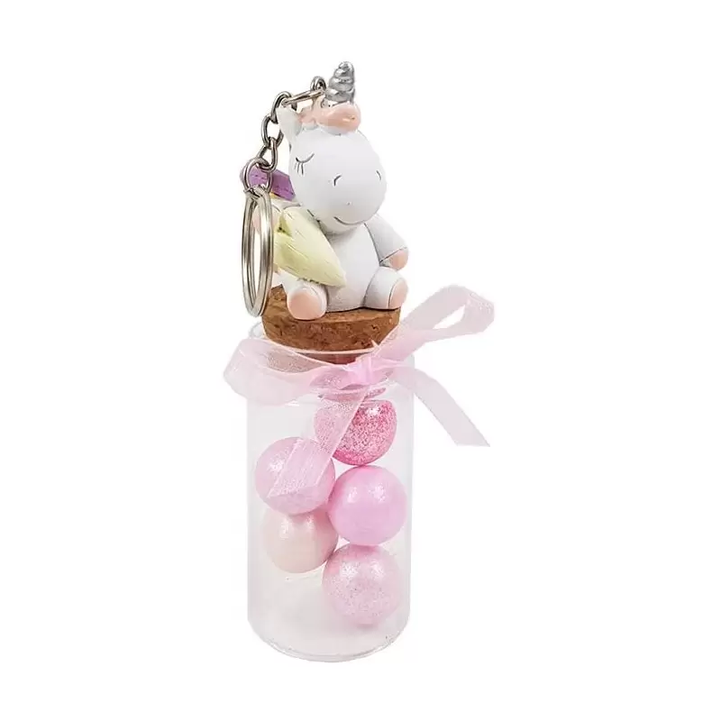 12 BOMBONIERE UNICORNO ROSA PORTACHIAVI CON PROVETTE BASSE