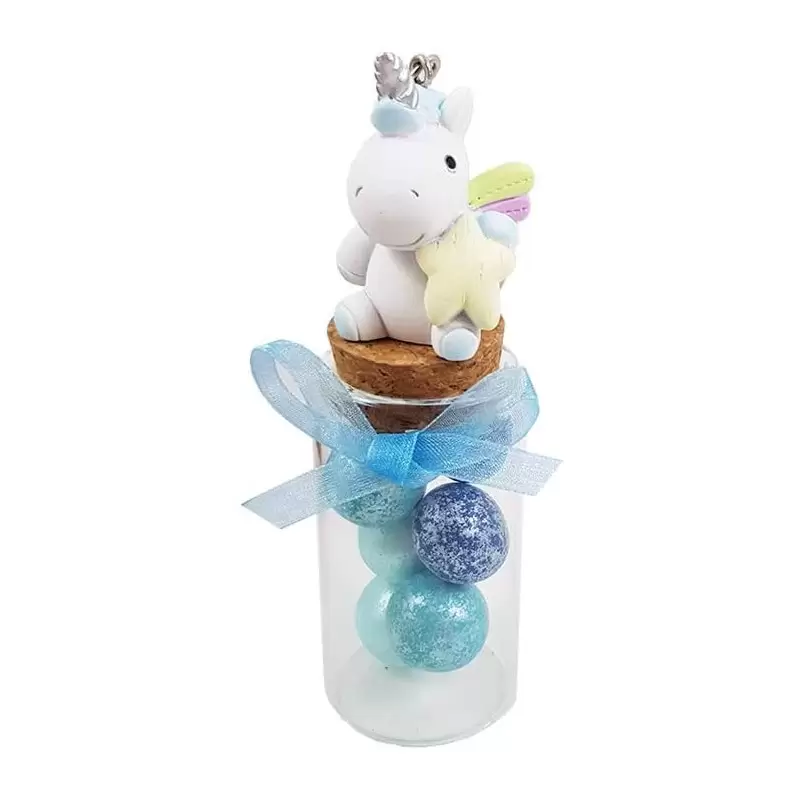 12 BOMBONIERE UNICORNO CELESTE PORTACHIAVI CON PROVETTE BASSE