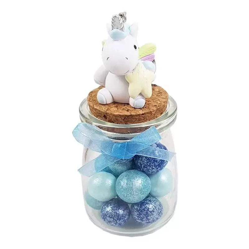 12 BOMBONIERE UNICORNO CELESTE PORTACHIAVI CON ANFORETTE
