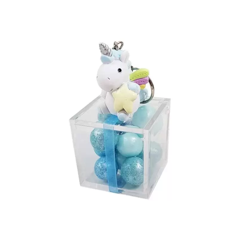 12 BOMBONIERE UNICORNO CELESTE PORTACHIAVI CON SCATOLINE PLEXIGLASS