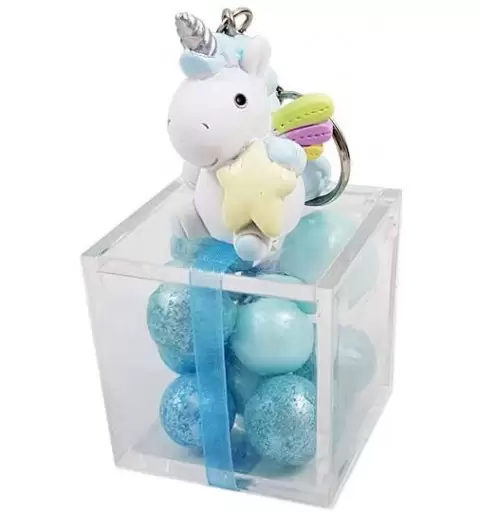 12 BOMBONIERE UNICORNO CELESTE PORTACHIAVI CON SCATOLINE PLEXIGLASS