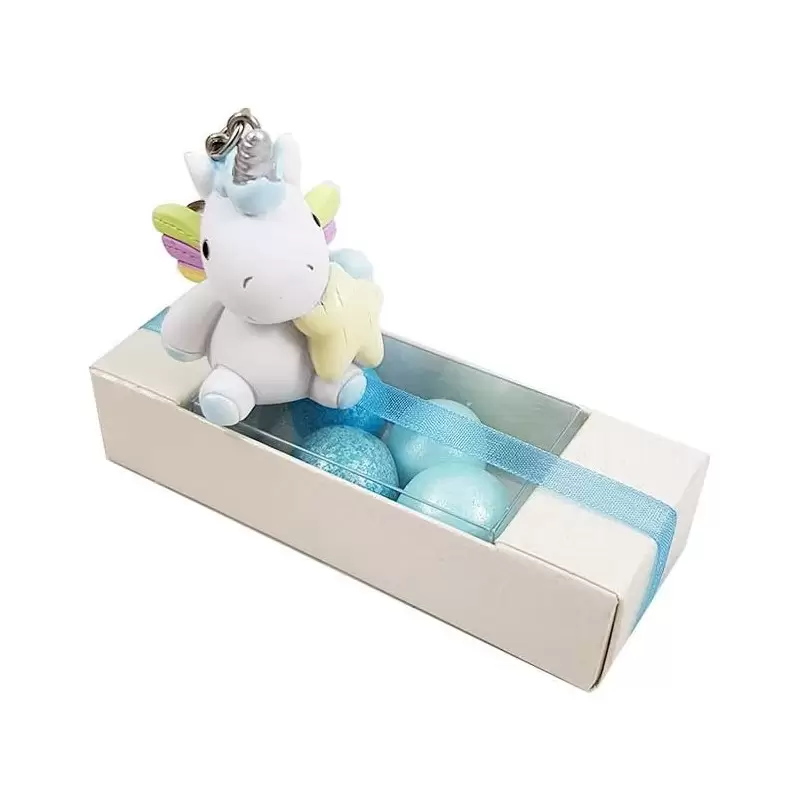12 BOMBONIERE UNICORNO CELESTE PORTACHIAVI CON ASTUCCI
