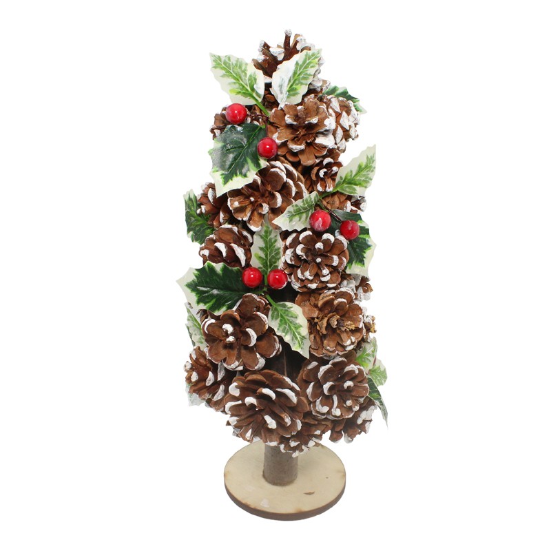Albero di Natale in legno con decorazioni naturali ( pigne , bacche, agrifoglio) 36 cm - 7255